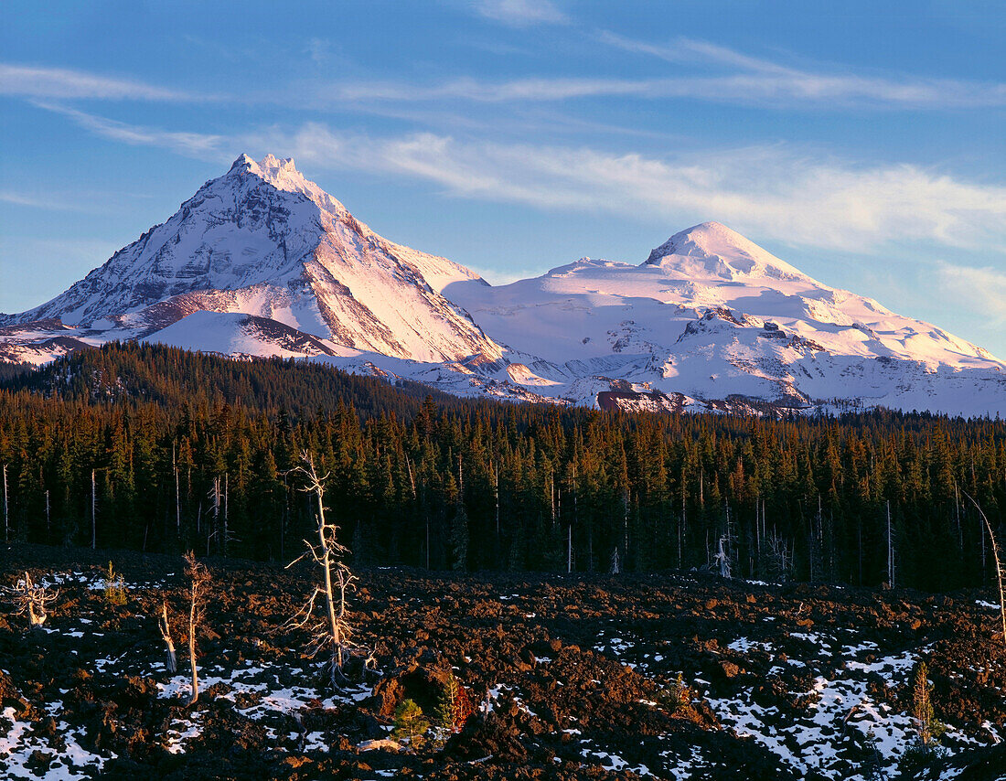 USA, Oregon, Three Sisters Wilderness, Evening light on North (left) and Middle Sister (right) with autumn snow above conifers and lava flow, near McKenzie Pass.
