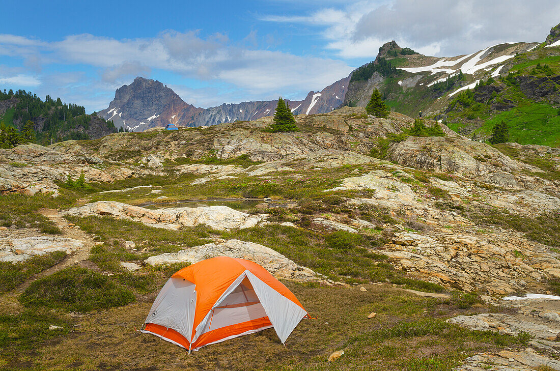 Tent in backcountry campsite. Yellow Aster Butte Basin, Mount Baker Wilderness, North Cascades, Washington State
