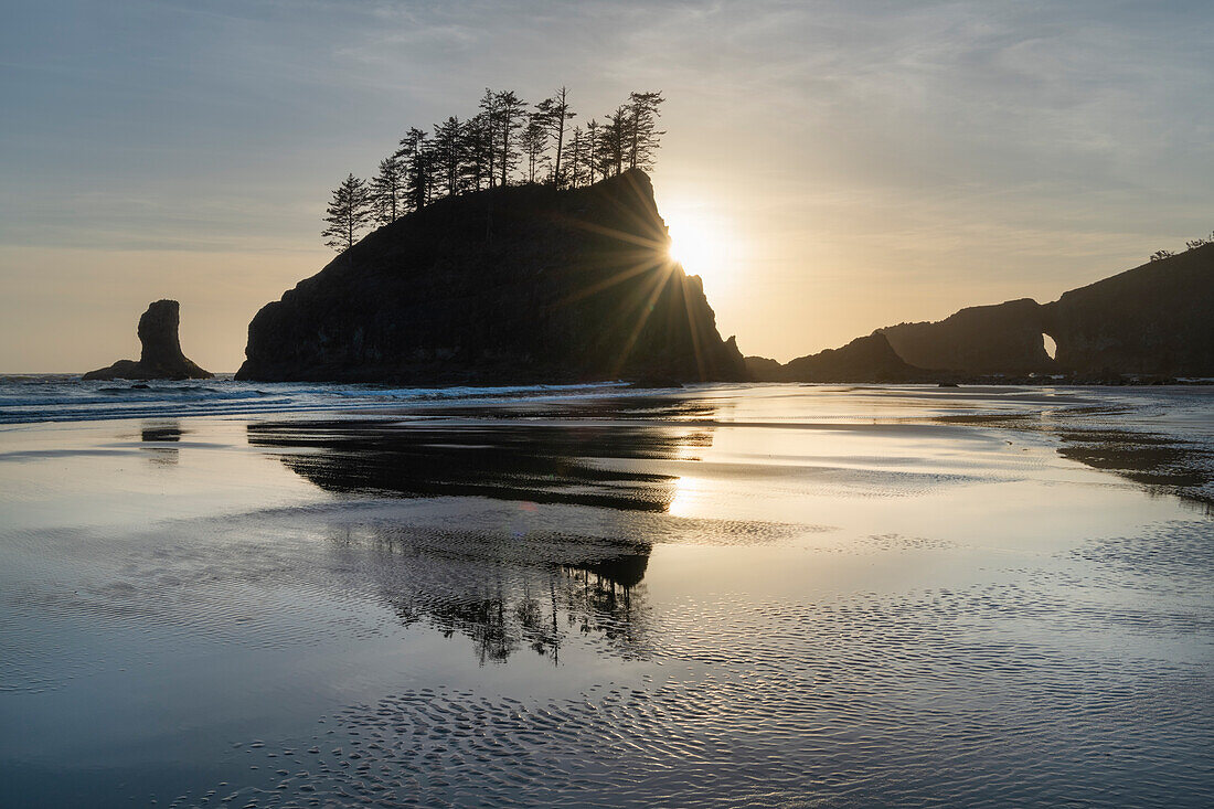 Sunset at Second Beach during low tide, Olympic National Park, Washington State