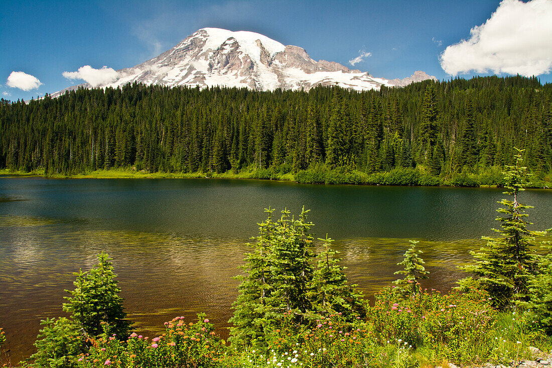 Mount Rainier und Reflection Lake, Mount Rainier-Nationalpark, Washington State, USA