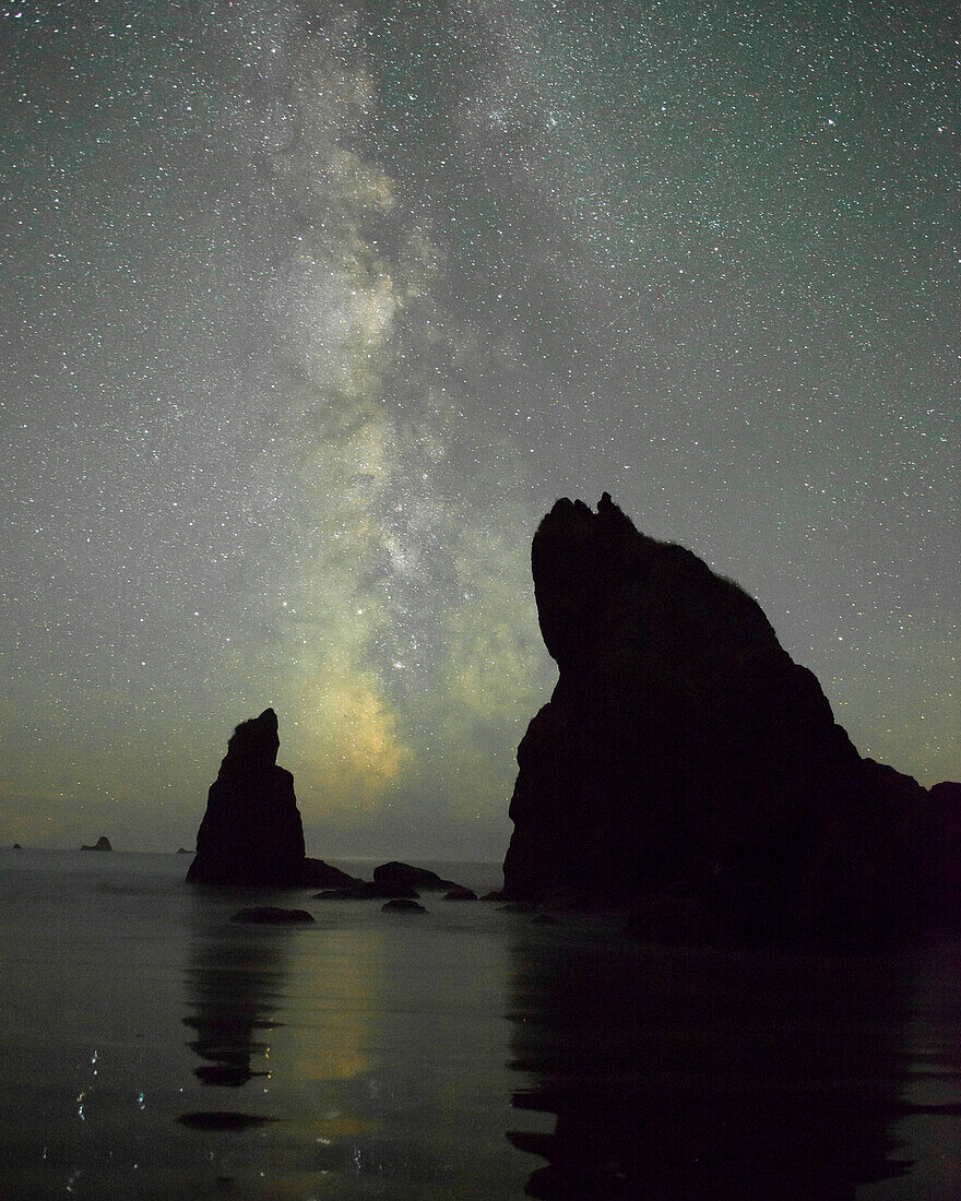 The Milky Way rising behind sea stacks on Ruby Beach, Olympic National Park, Washington State.