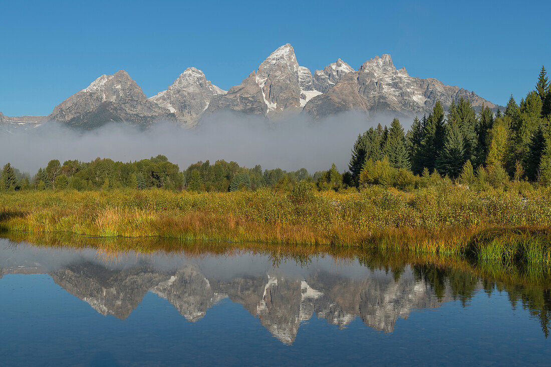 Teton Range reflected in still waters of the Snake River at Schwabacher Landing, Grand Teton National Park, Wyoming.