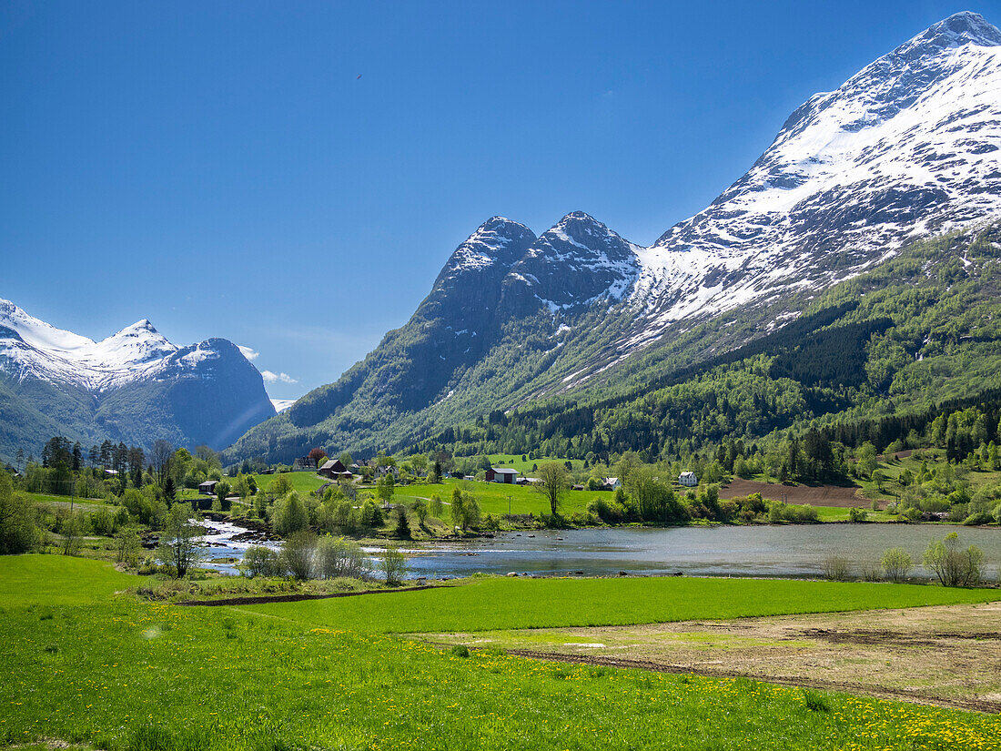 A view of houses along the shore of Lake Oldevatnet, within the Oldedalen River Valley, Vestland, Norway, Scandinavia, Europe