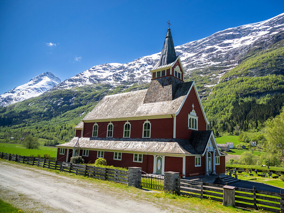 A view of the Olden Church (Olden Kyrkje), within the Oldedalen River Valley, Vestland, Norway, Scandinavia, Europe