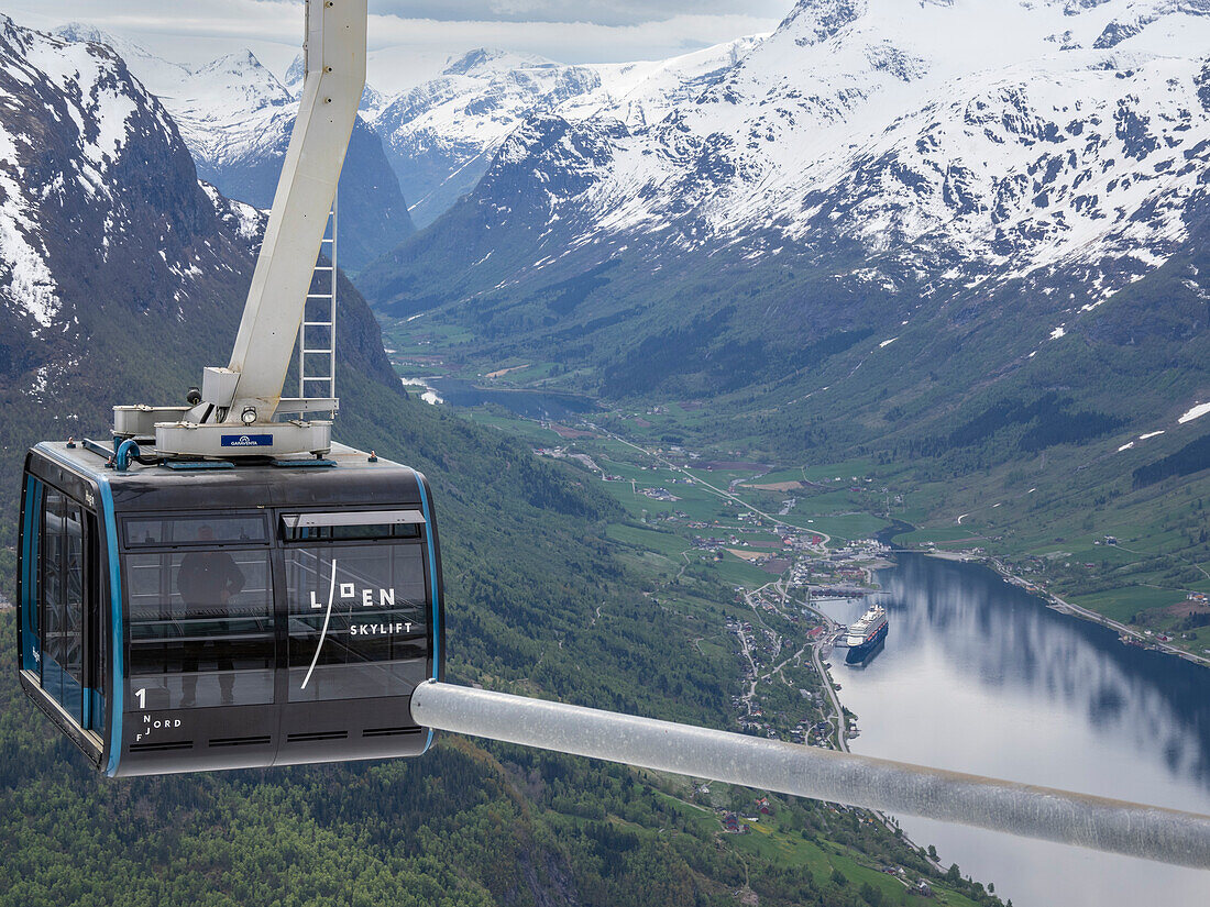 A view of the aerial tramway Loen Skylift from Mount Hoven above Nordfjord in Stryn, Vestland, Norway, Scandinavia, Europe