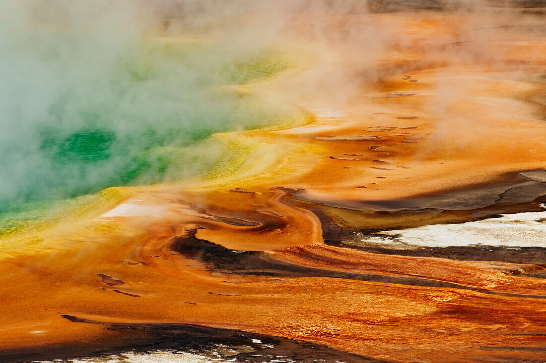 Elevated view of Grand Prismatic Spring and patterns in bacterial mat, Midway Geyser Basin, Yellowstone National Park, Wyoming.