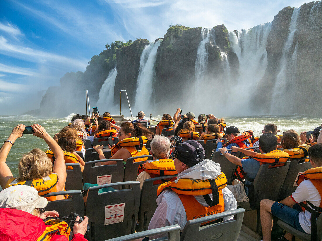 A view of the boat ride from the lower circuit at Iguazu Falls, UNESCO World Heritage Site, Misiones Province, Argentina, South America