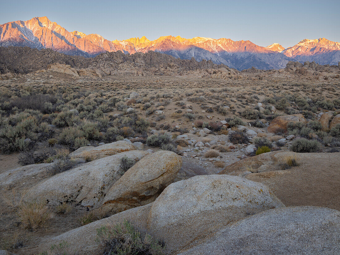 Sonnenaufgang in den östlichen Sierra Nevadas in der Alabama Hills National Scenic Area, Kalifornien, Vereinigte Staaten von Amerika, Nordamerika
