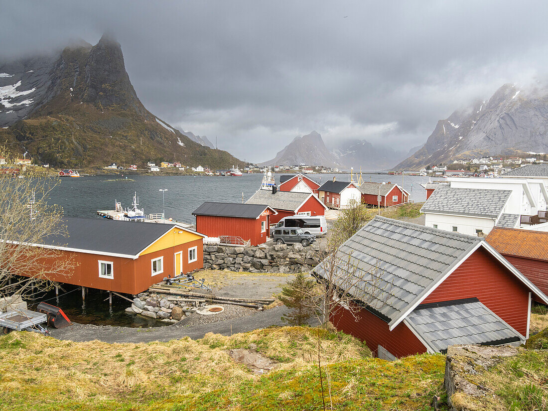 A view of the town of Reine, a fishing village on Moskenesoya in the Lofoten archipelago, Norway, Scandinavia, Europe