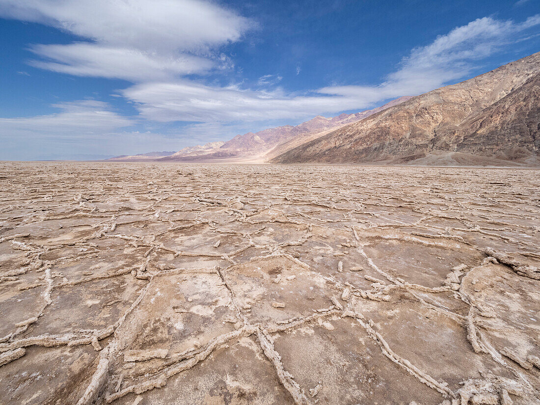 The Salt Flats of Badwater Basin, the lowest point in North America, Death Valley National Park, California, United States of America, North America