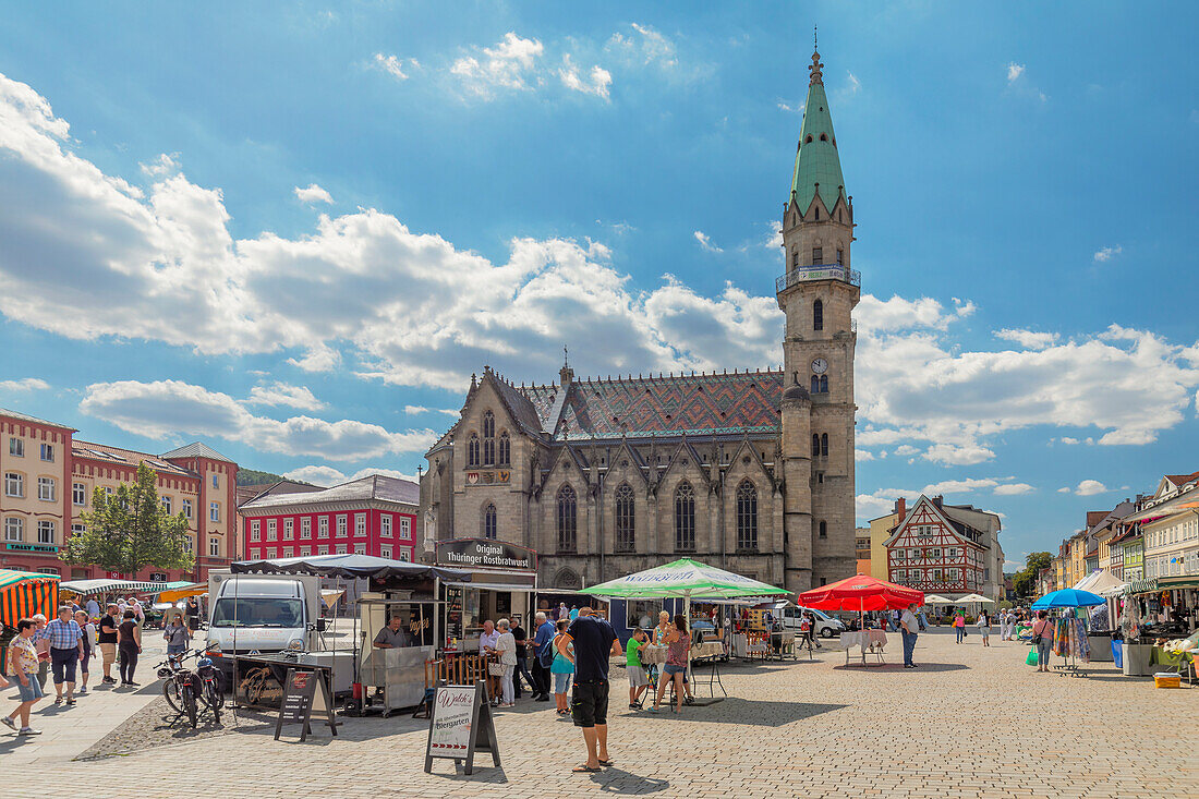 Weekly market at marketplace, the church of Our Lady, Meiningen, Werratal valley, Rhon, Thuringia, Germany, Europe