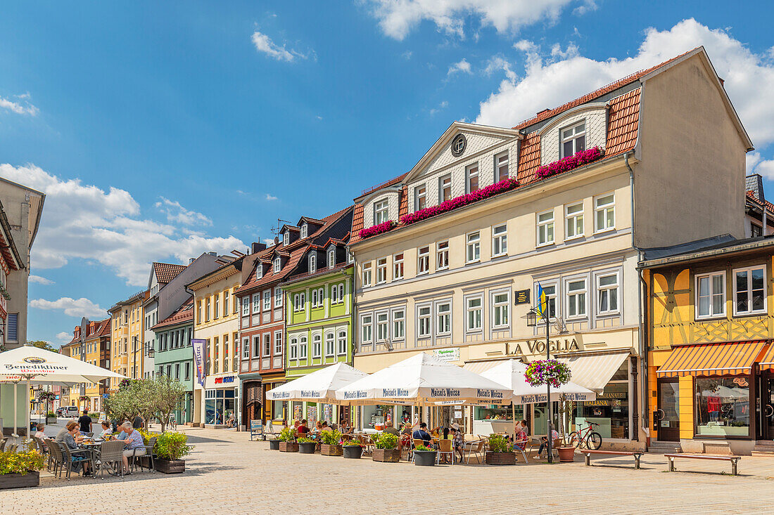 Cafes at the marketplace, Meiningen, Werratal valley, Rhon, Thuringia, Germany, Europe