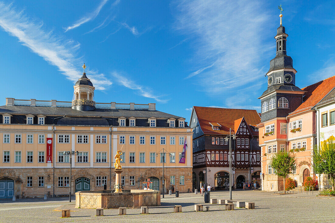 St. Georg fountain and town hall, Eisenach, Thuringian Forest, Thuringia, Germany, Europe