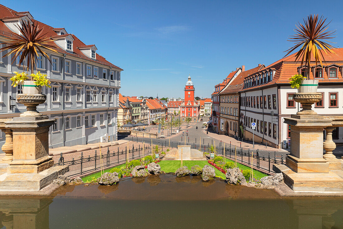 View from Waterworks fountain to Hauptmarkt market place and town hall, Gotha, Thuringian Basin, Thuringia, Germany, Europe