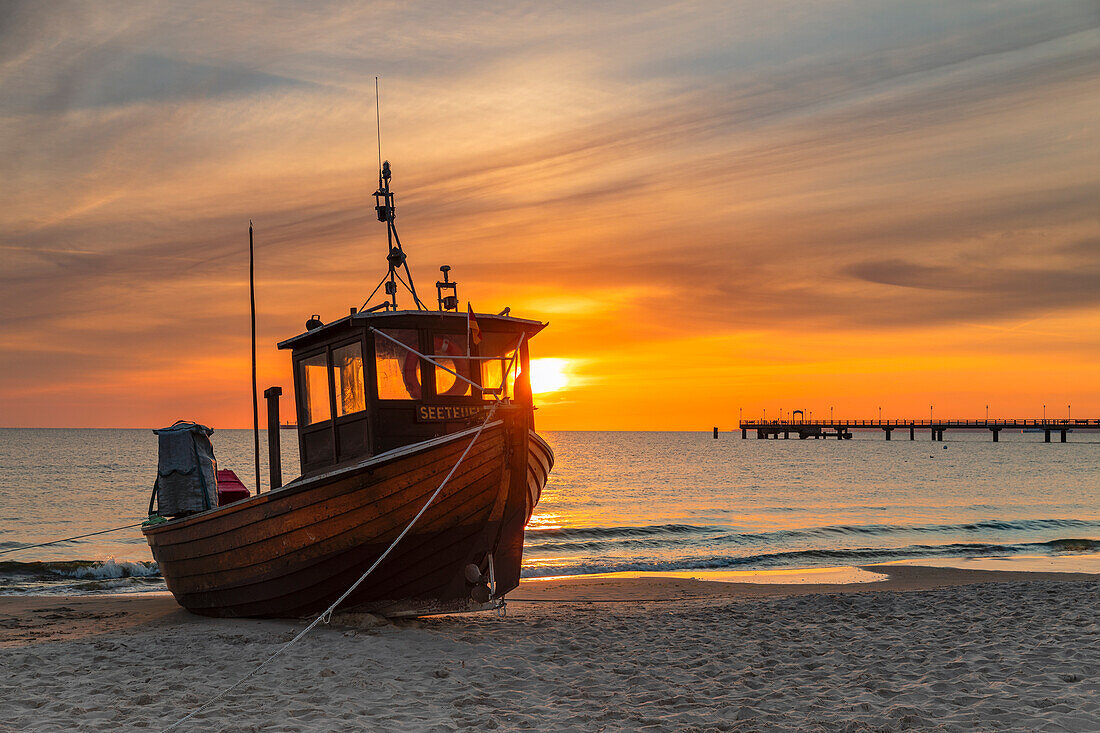 Fishing boat on the beach of Ahlbeck, Usedom Island, Baltic Sea, Mecklenburg-Western Pomerania, Germany, Europe