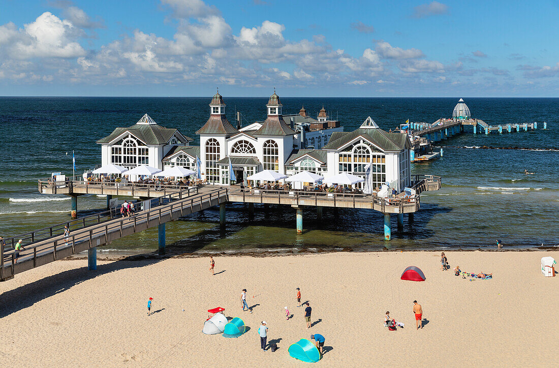 Pier and beach chairs on the beach of Sellin, Ruegen Island, Baltic Sea, Mecklenburg-Western Pomerania, Germany, Europe