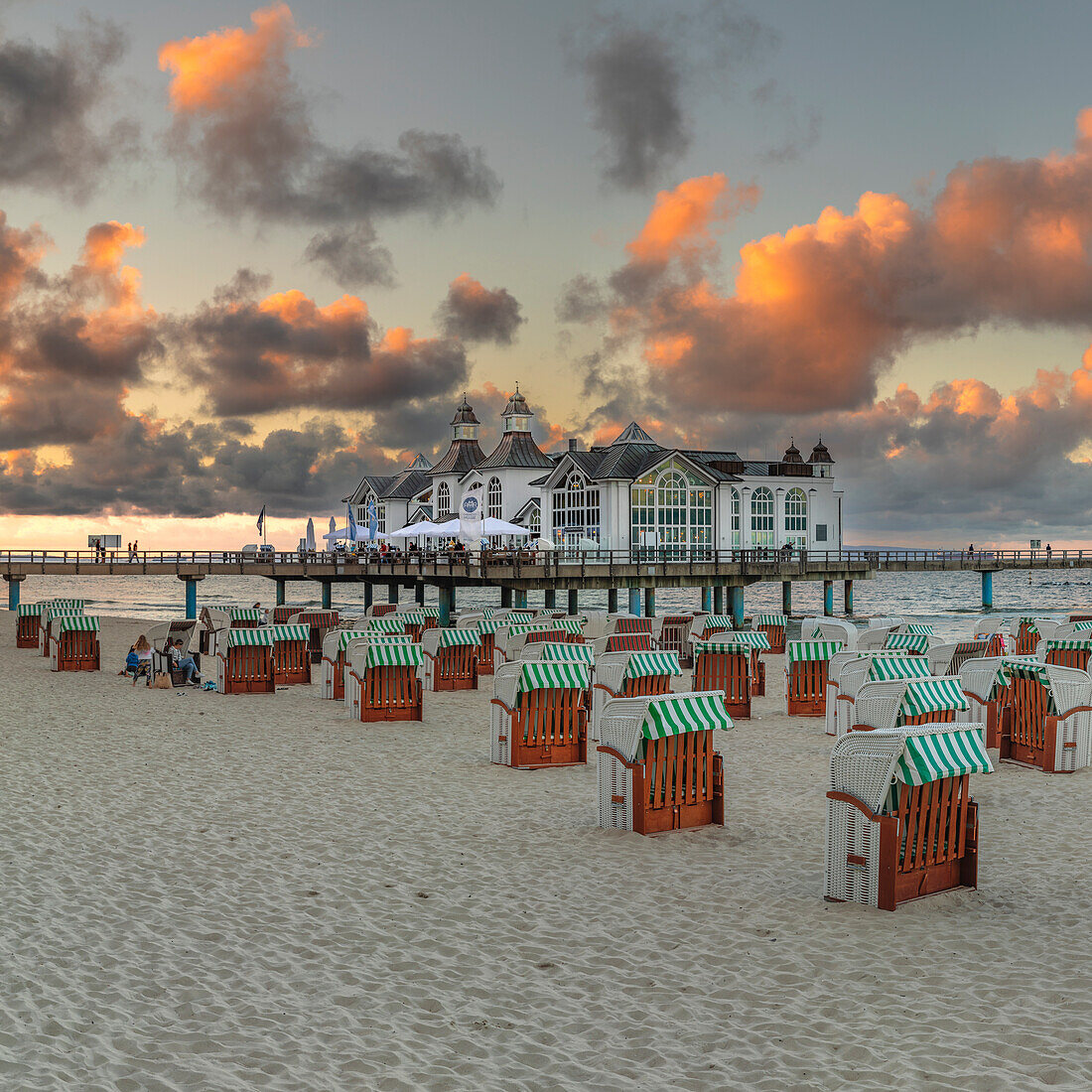 Pier and beach chairs on the beach of Sellin, Ruegen Island, Baltic Sea, Mecklenburg-Western Pomerania, Germany, Europe