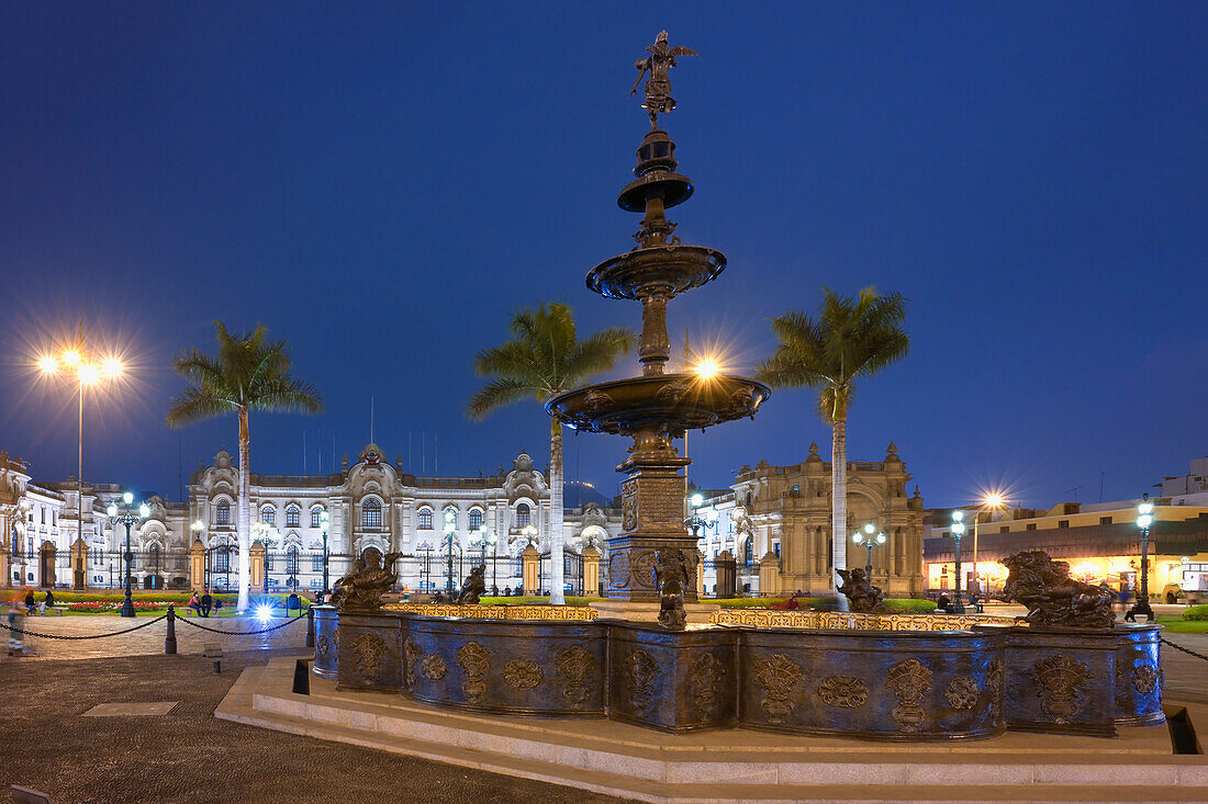 Plaza de Armas and Government Palace at night, Lima, Peru, South America