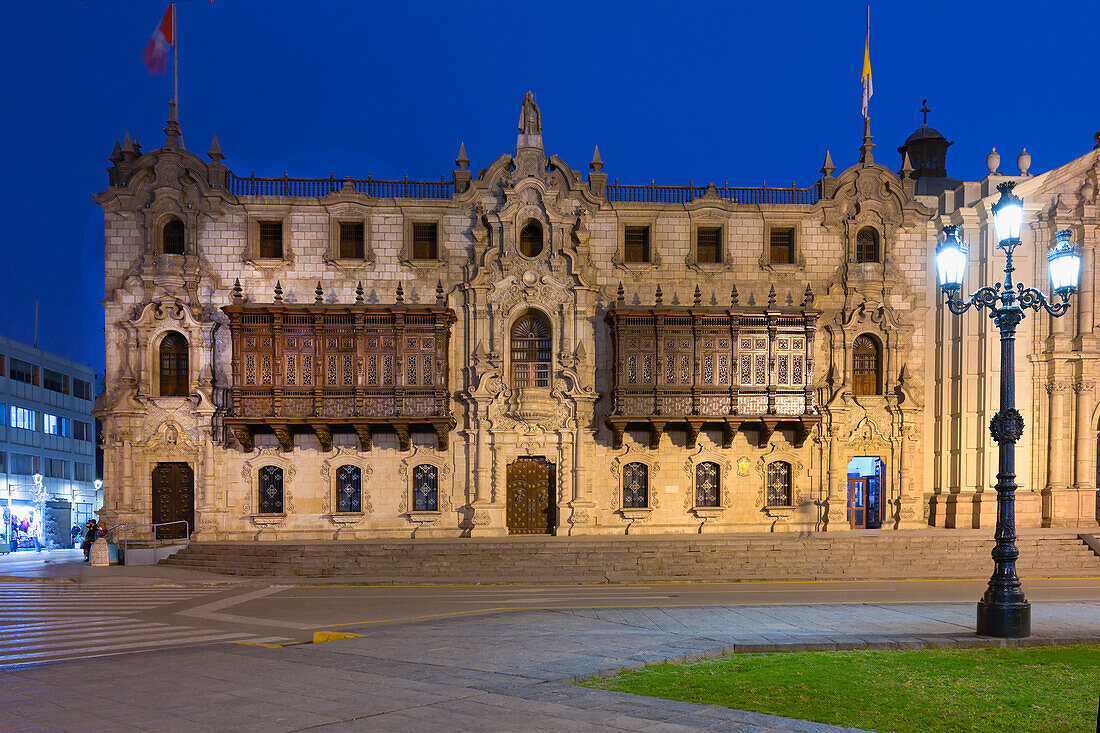 Facade and balconies, Archbishop's Palace at night, Lima, Peru, South America
