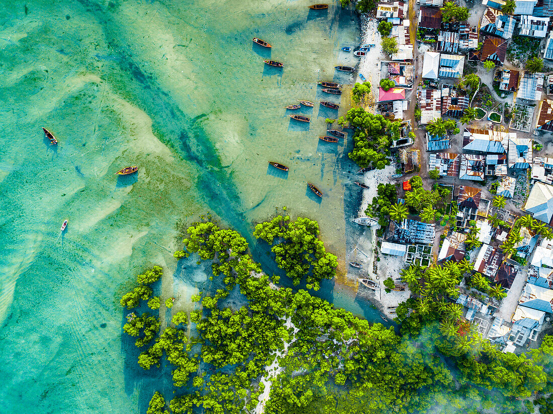 Aerial view of fishing boats moored in the exotic lagoon, Mkokotoni, Zanzibar, Tanzania, East Africa, Africa