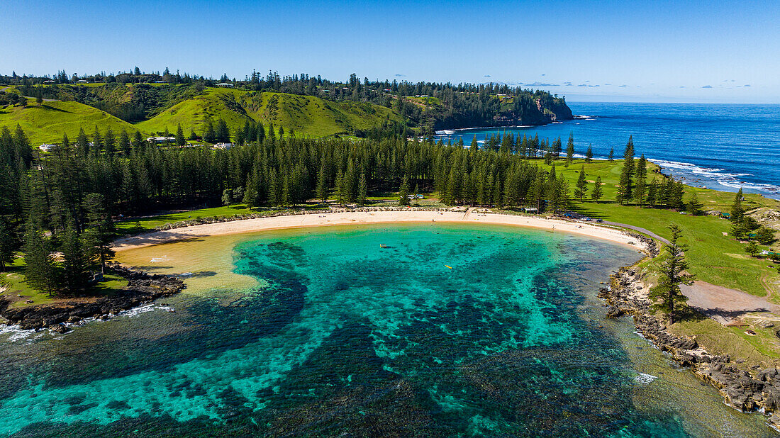 Aerial of Emily Bay, UNESCO World Heritage Site, Norfolk Island, Australia, Pacific