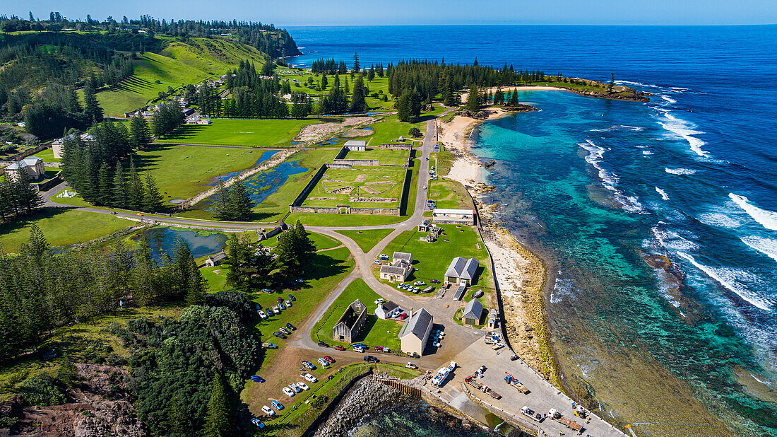 Aerial of the Kingston and Arthur's Vale Historic Area, UNESCO World Heritage Site, Norfolk Island, Australia, Pacific