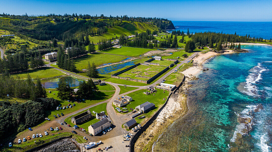 Aerial of Kingston and Arthur's Vale Historic Area, UNESCO World Heritage Site, Norfolk Island, Australia, Pacific