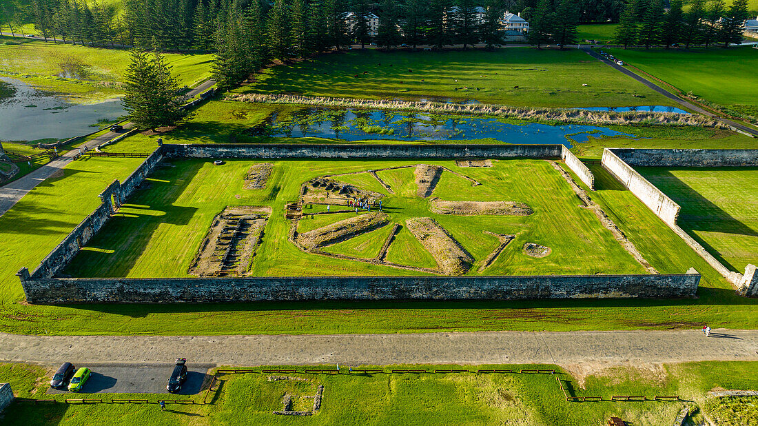 Aerial of the Kingston and Arthur's Vale Historic Area, UNESCO World Heritage Site, Norfolk Island, Australia, Pacific
