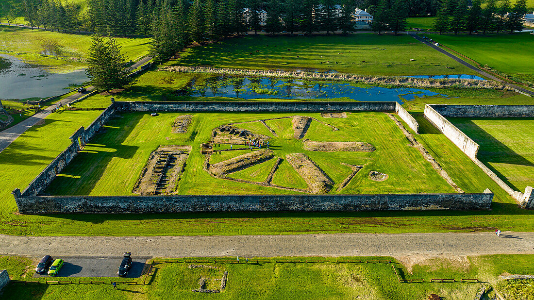 Luftaufnahme des historischen Gebiets von Kingston und Arthur's Vale, UNESCO-Welterbestätte, Norfolkinsel, Australien, Pazifik