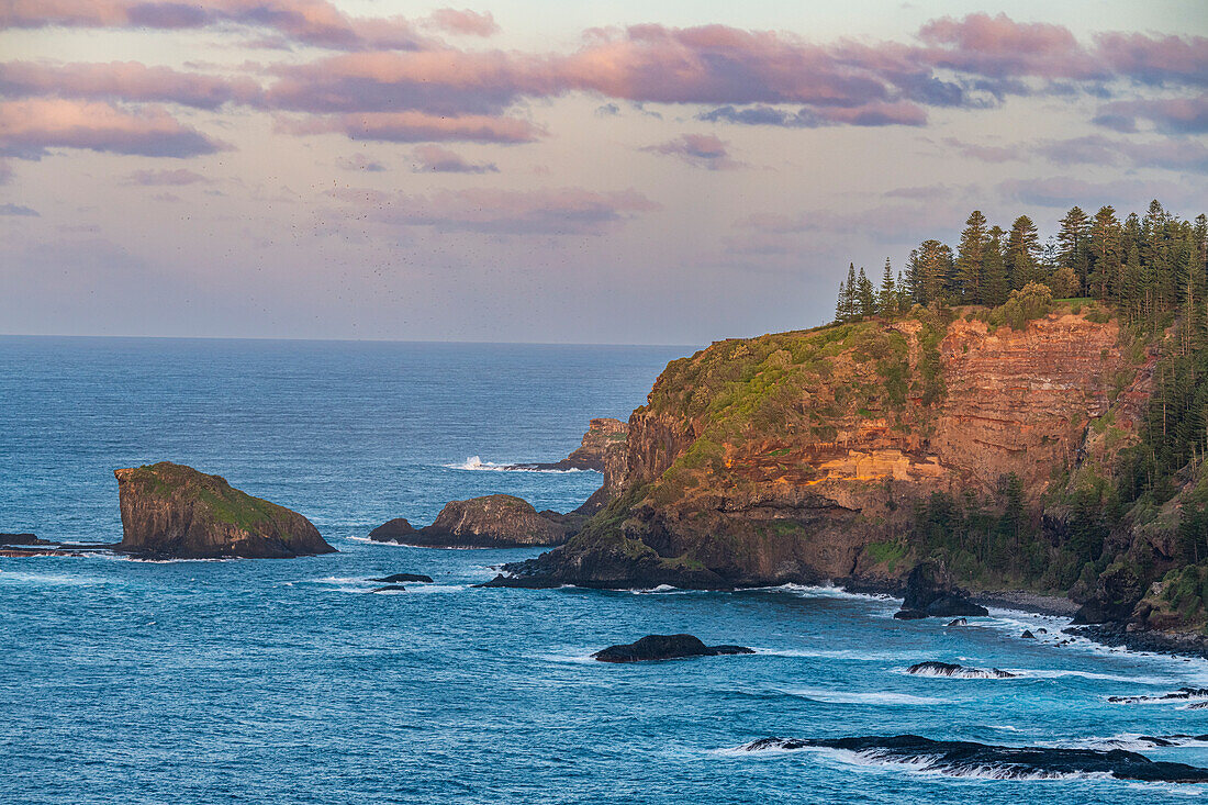 Sonnenuntergang über der zerklüfteten Küste von Norfolk Island, Australien, Pazifik