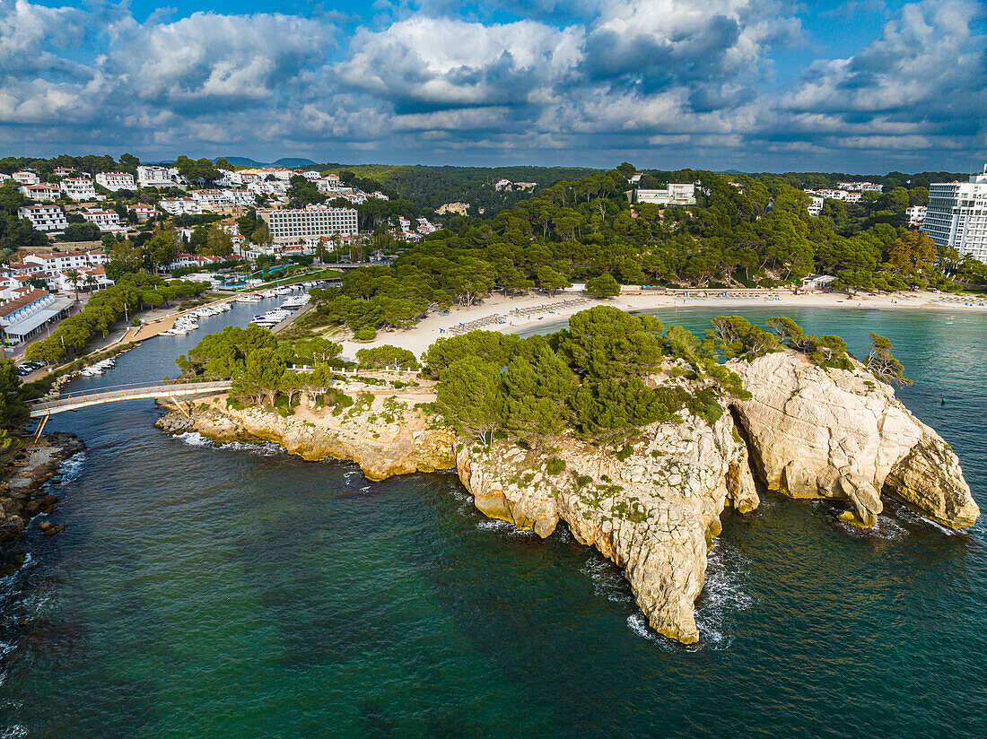 Aerial of the beach of Cala Galdana, Menorca, Balearic Islands, Spain, Mediterranean, Europe