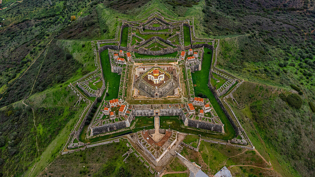 Aerial view of the Forte de Nossa Senhora da Graca, Elvas, UNESCO World Heritage Site, Alentejo, Portugal, Europe