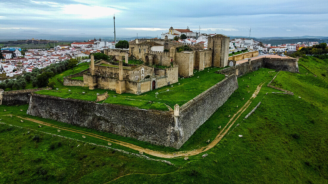 Aerial view of the castle of Elvas, UNESCO World Heritage Site, Alentejo, Portugal, Europe