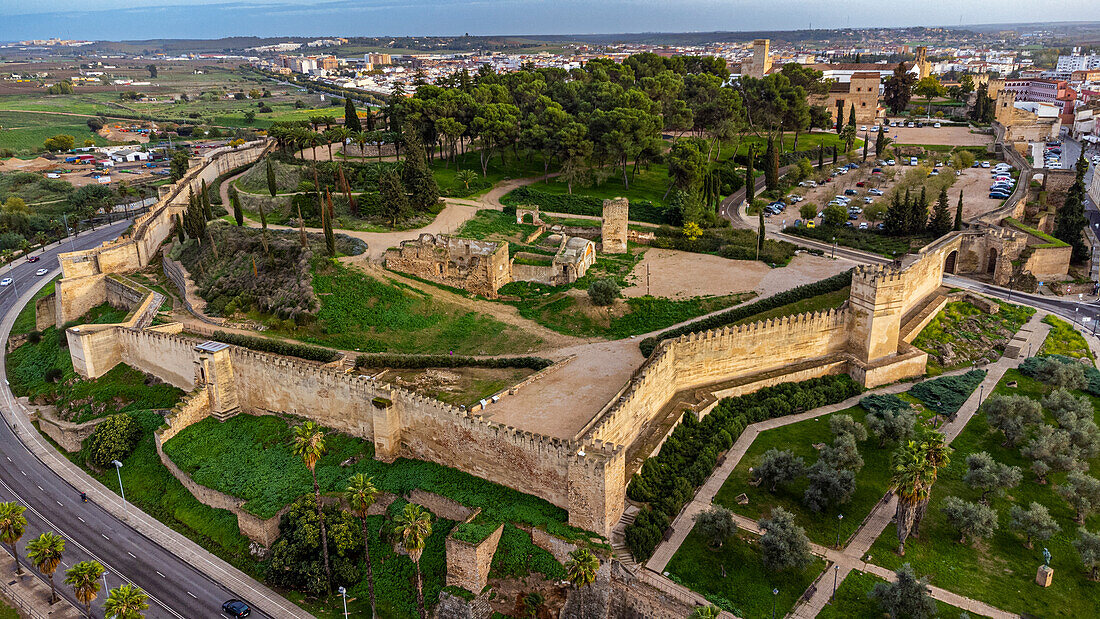 Aerial of the Alcazaba castle, Badajoz, Extremadura, Spain, Europe