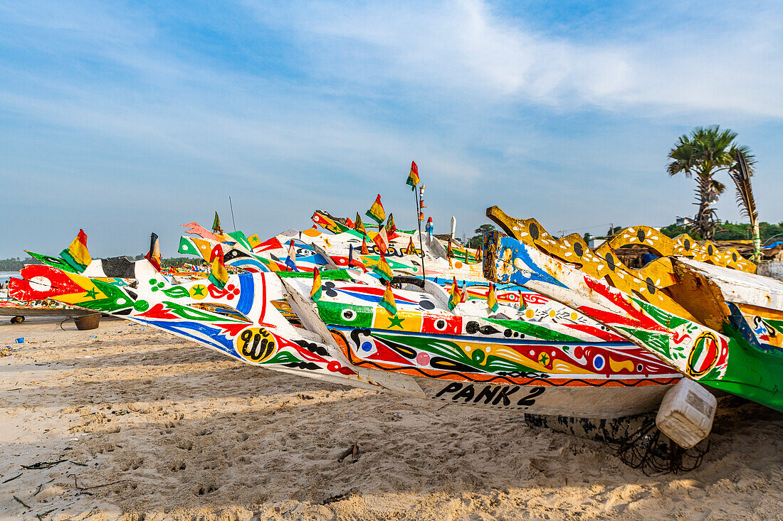 Colourful fishing boats, Cap Skirring, Casamance, Senegal, West Africa, Africa