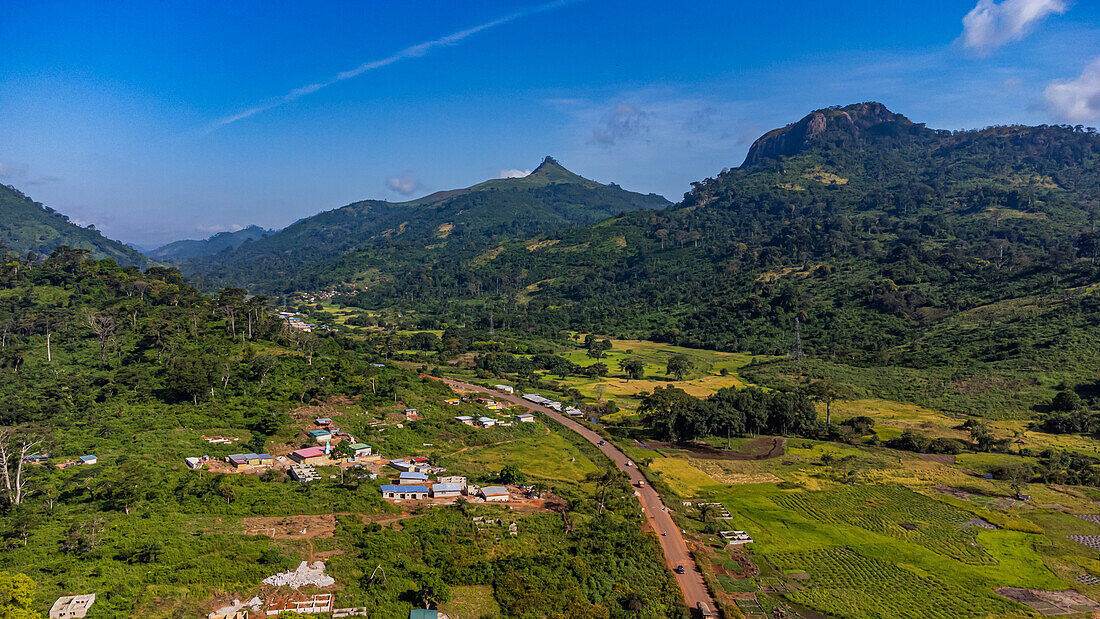 Aerial of the mountain scenery around Man, Ivory Coast, West Africa, Africa