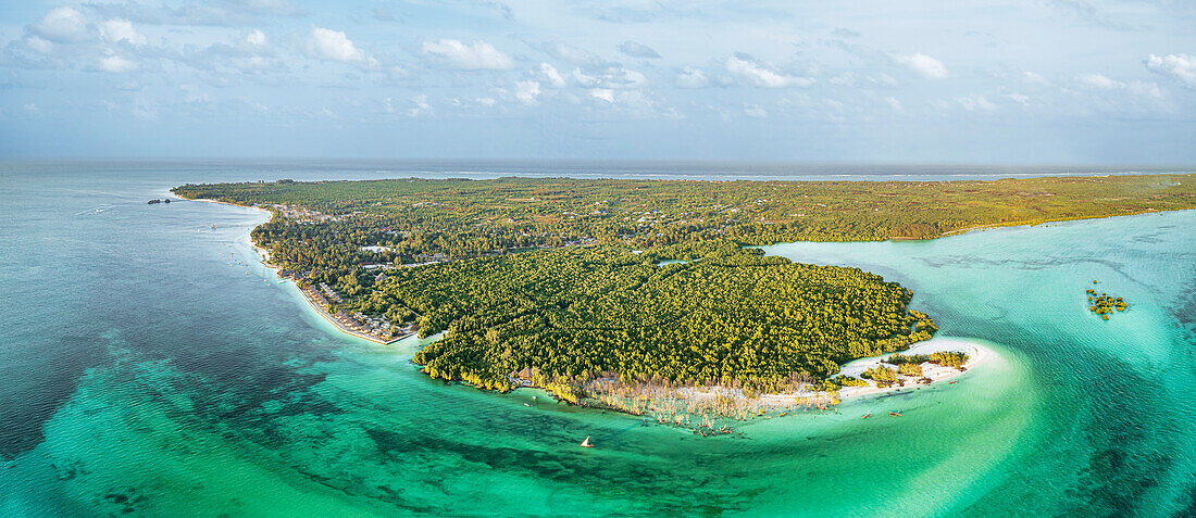 Sunset over lush mangrove forest washed by emerald green water of pristine lagoon, Pingwe, Chwaka Bay, Zanzibar, Tanzania, East Africa, Africa