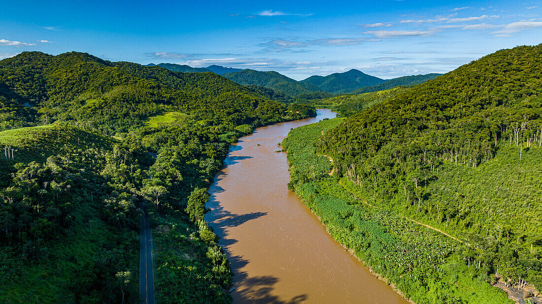 Aerial of the Iguape River, Atlantic Forest South-East Reserves, UNESCO World Heritage Site, Alto Ribeira Touristic State Park, Sao Paulo State, Brazil, South America
