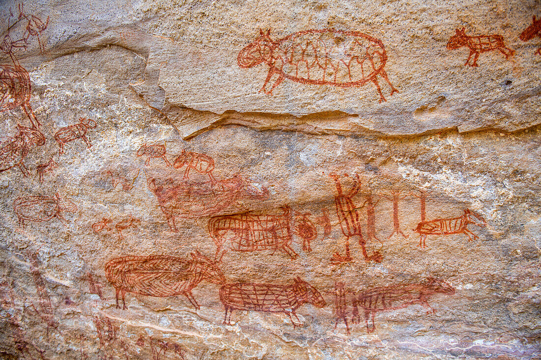 Rock art painting at Pedra Furada, Serra da Capivara National Park, UNESCO World Heritage Site, Piaui, Brazil, South America