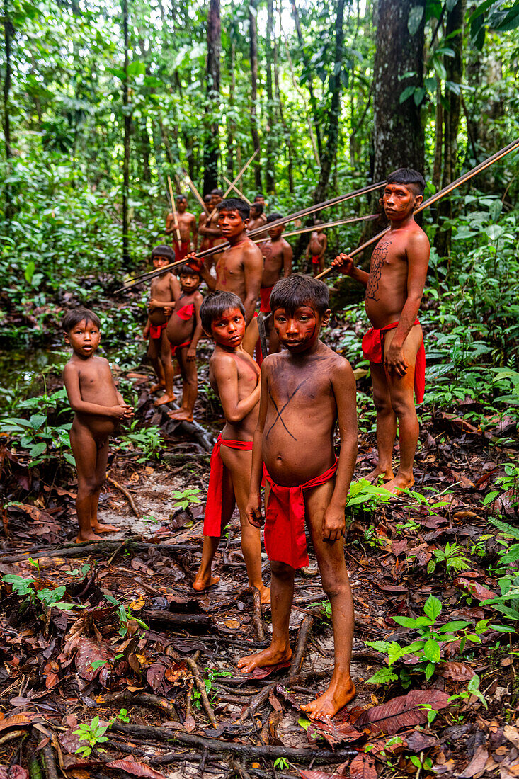 Yanomami tribe walking through the jungle, southern Venezuela, South America
