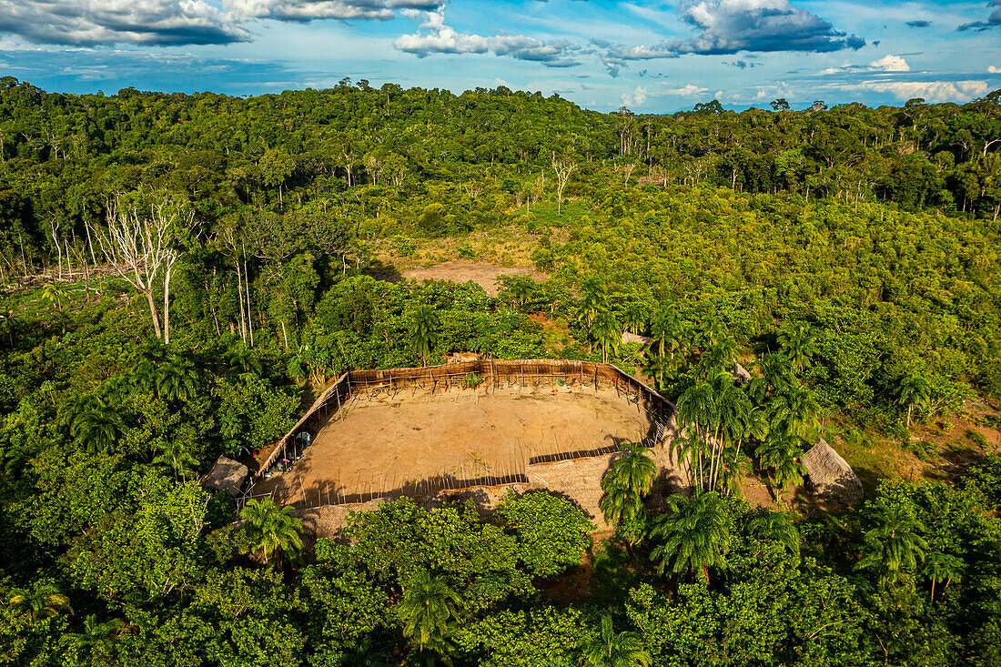 Aerial of a shabono (yanos), the traditional communal dwellings of the Yanomami tribes of Southern Venezuela, Venezuela, South America