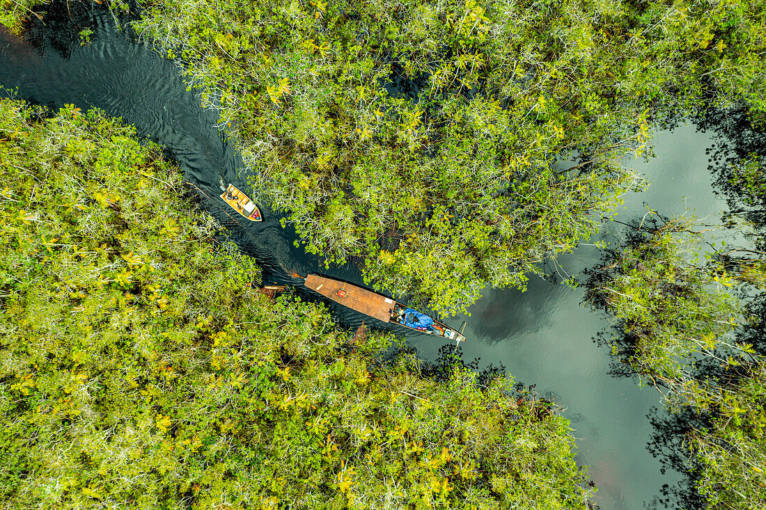 Luftaufnahme einer Bootsüberfahrt durch den tiefen Dschungel, Yanomami-Stamm, Südvenezuela, Südamerika