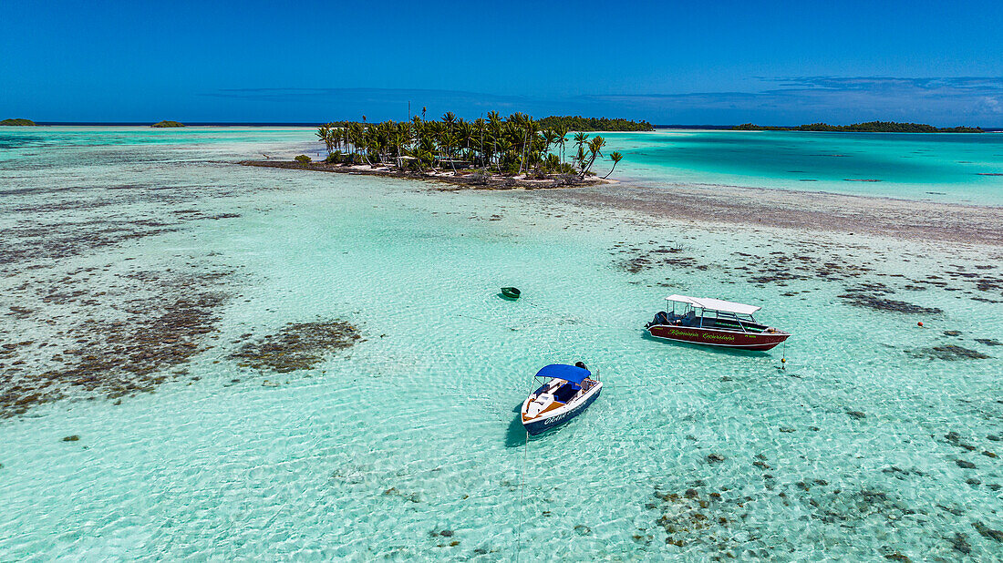 Aerial of the Blue Lagoon, Rangiroa atoll, Tuamotus, French Polynesia, South Pacific, Pacific