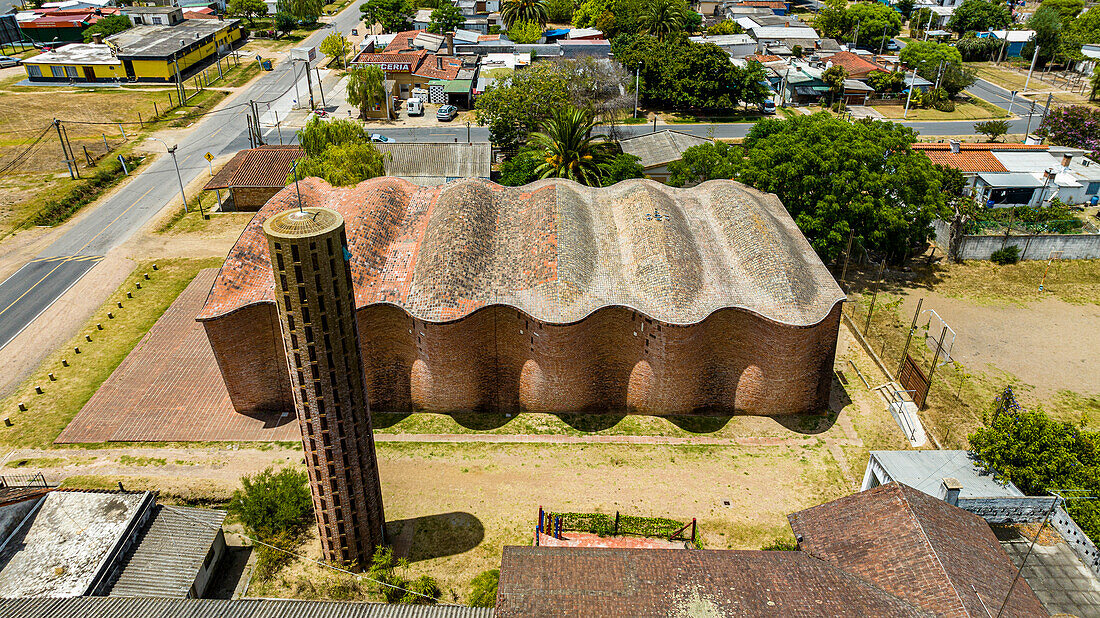 Aerial of the Church of Atlantida (Church of Christ the Worker and Our Lady of Lourdes), the work of engineer Eladio Dieste, UNESCO World Heritage Site, Canelones department, Uruguay, South America