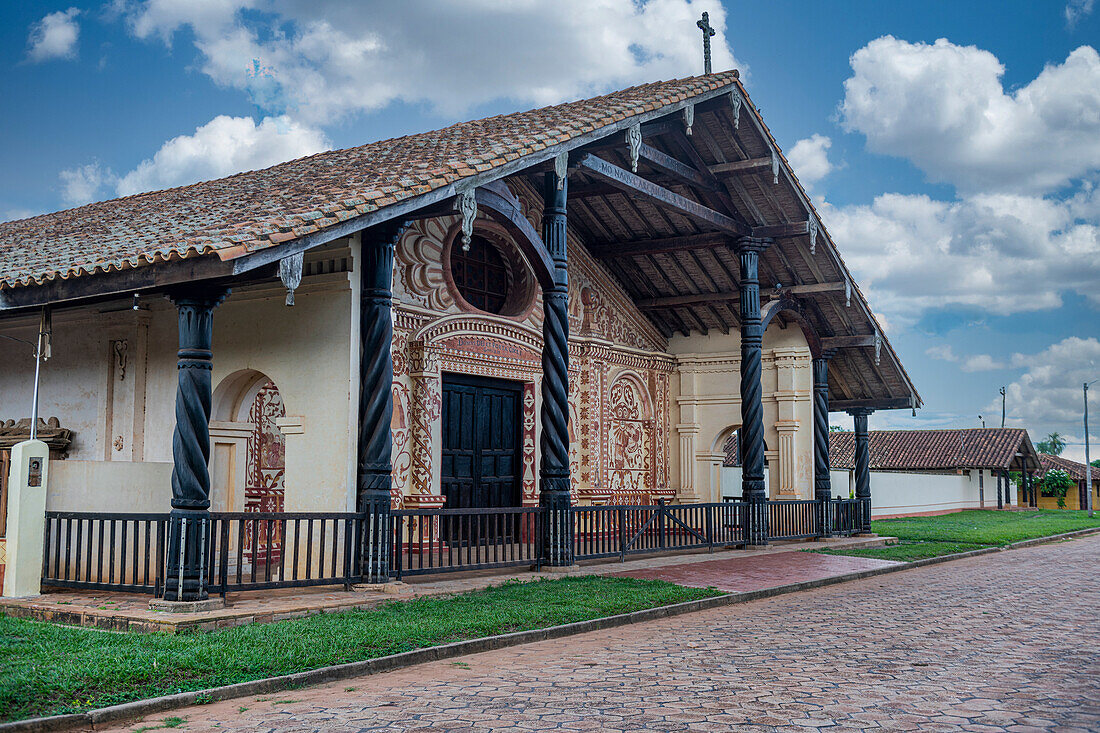 Painted front portal, San Rafael de Velasco Mission, Jesuit Missions of Chiquitos, UNESCO World Heritage Site, Santa Cruz department, Bolivia, South America
