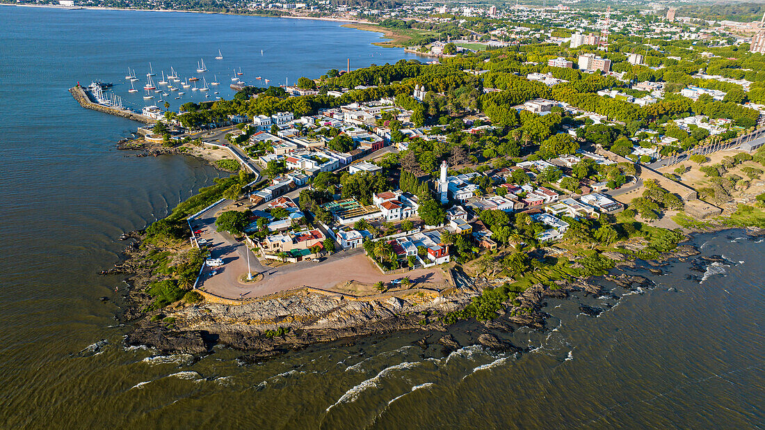 Aerial of Colonia del Sacramento, UNESCO World Heritage Site, Uruguay, South America