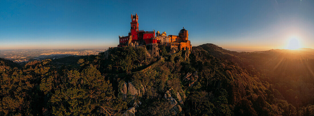 Aerial panoramic view of Pena Palace, UNESCO World Heritage Site, a romanticist castle in the Sintra mountains, Portugal, Europe