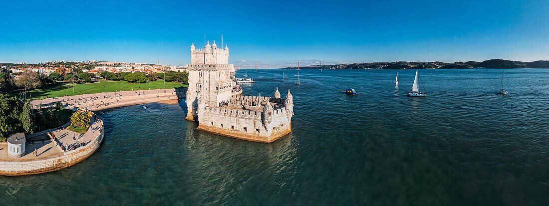 Aerial drone view of Belem Tower, UNESCO World Heritage Site, a 16th century fortification on the Tagus River, Belem, Lisbon, Portugal, Europe