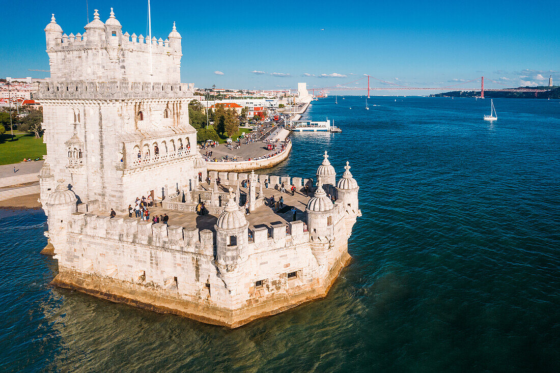 Aerial drone view of Belem Tower, UNESCO World Heritage Site, a 16th century fortification on the Tagus River, Belem,  Lisbon, Portugal, Europe