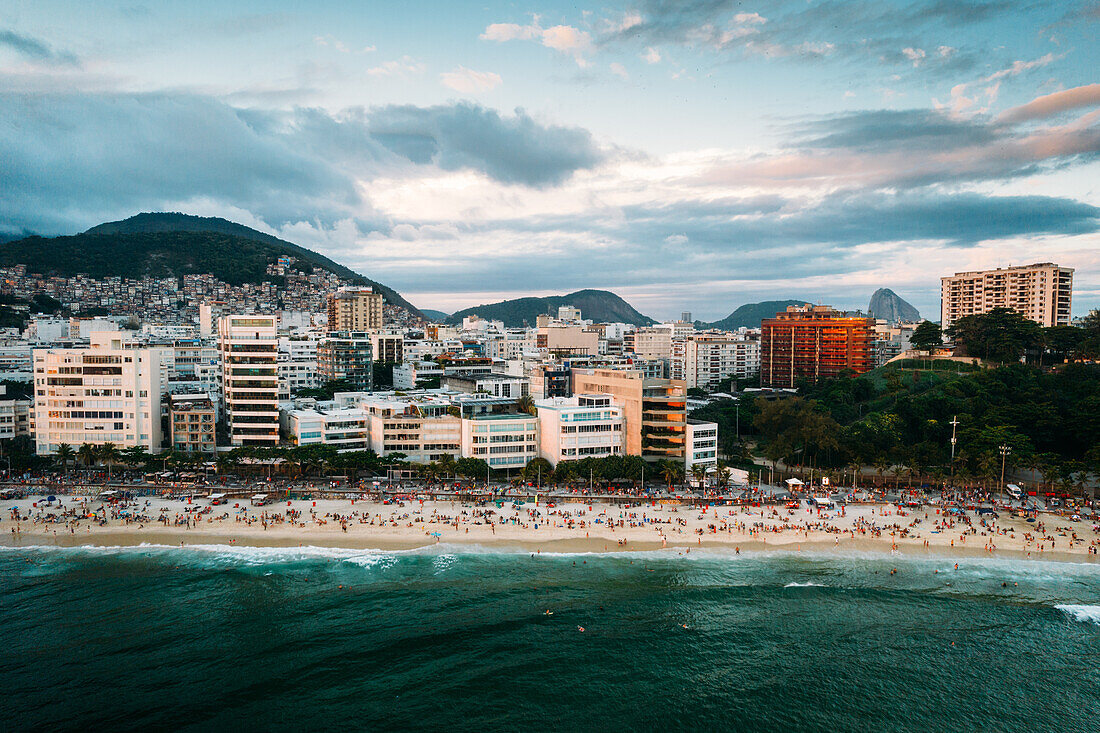 Aerial drone view of Ipanema Beach and neighbourhood, Rio de Janeiro, Brazil, South America